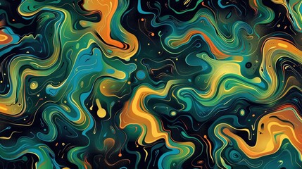 Abstract black background with swirling waves of vibrant color, patterns  in shades of blue, green, yellow, and orange. Generative AI