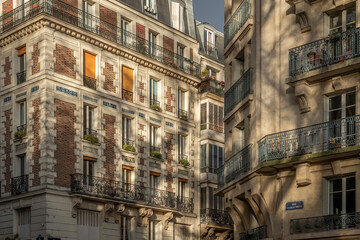 Fototapeta premium Paris, France - 02 25 2023: . View of Montmartre district and buildings from a street at golden hour.