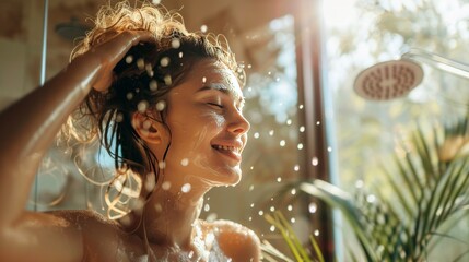 A woman relishes a relaxing shampooing session, covering her hair in rich foam while enjoying a shower at home.