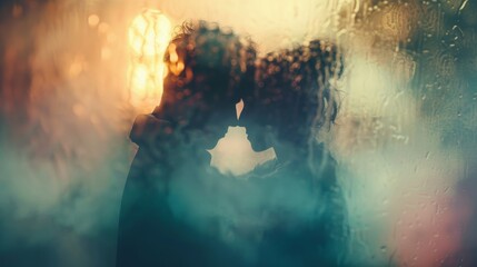 A couple kissing through a rain covered window, AI