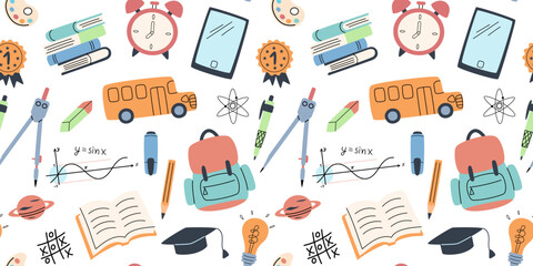 Back to school seamless pattern in modern design. Pattern with school supplies in simple flat style. Vector illustration.
