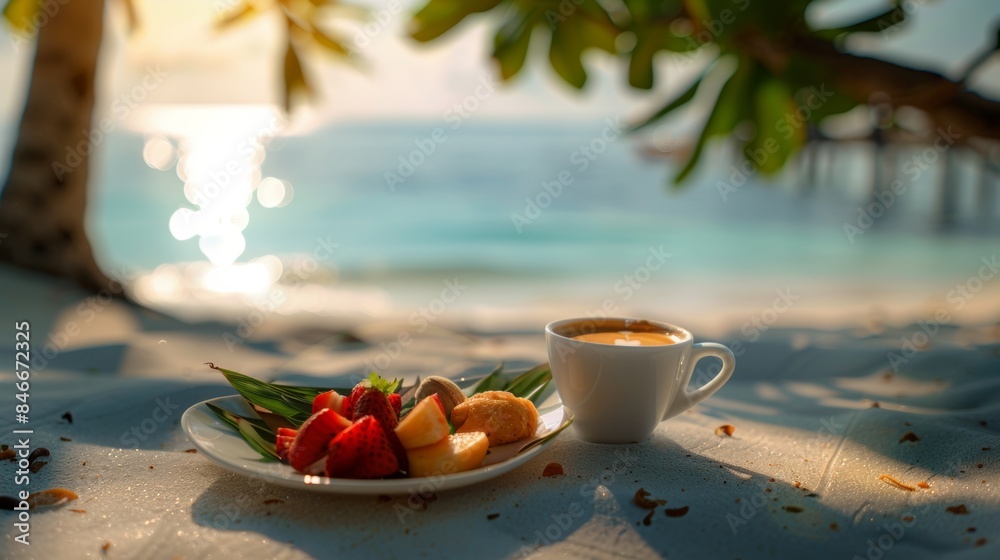 Poster A plate of fruit and a cup on the beach, AI