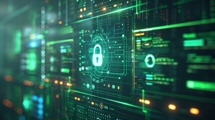 Fototapeta premium A digital image of a green and blue background with the word padlock, AI