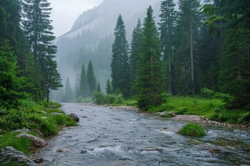 Obraz premium Forest Flowing River with Long Exposure, Serene and Peaceful Nature Scene