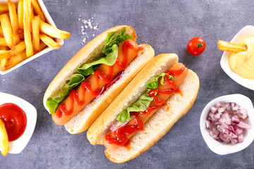 hot dog with sausage and ketchup- top view