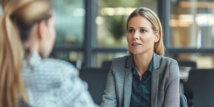 Woman manager interviewing job applicant in office setting. Concept Office Interview, Managerial Role, Professional Interaction, Job Candidate, Workplace Scenario