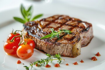 The steak and tomatoes on the wooden board