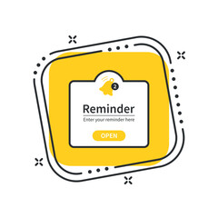 Cartoon reminder icon vector illustration. Notification page on isolated yellow square background. Bell sign concept.