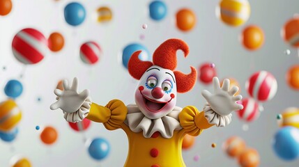 Naklejka premium A 3D cartoon of a funny clown juggling and making faces on a white background