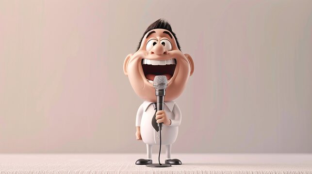 A 3D cartoon character telling jokes on stage, with a microphone and white background