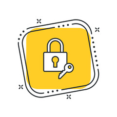 Cartoon padlock with key vector illustration. Password key on isolated yellow square background. Keyword sign concept.
