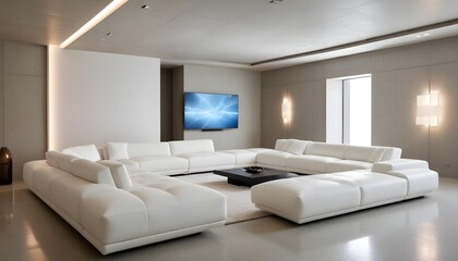 High end modern living room with white leather couch and a large flat screen tv mounted on the wall, brutalist architecture mixed with modern futuristic minimal design