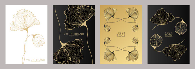 Luxury Art deco cover design set. Fashionable gold line flowers pattern. Elegant hand drawn floral vector template for wedding invitations, makeup catalog, brochure template, flyer, gift cards.