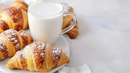 Hot fresh milk with fresh croissants on white table. Generative Ai