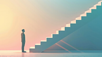 A person stands in front of a large staircase, symbolizing ambition and challenge. The gradient background adds an inspiring and modern touch.