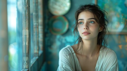 Fototapeta premium A woman looking out a window with her hands on the table, AI