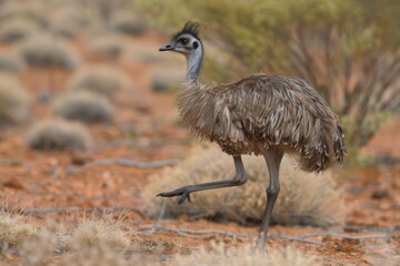 Emu Walking in the Australian Desert, Closeup Wildlife in Natural Habitat