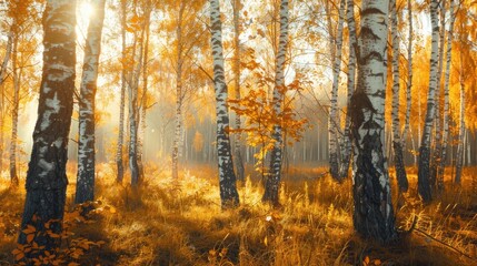 Golden autumn scene of a birch grove with sunlit golden leaves resembling vintage film aesthetics