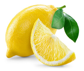 Lemon fruit with leaf isolated png. Lemons slice and a whole with leaves on transparent background....