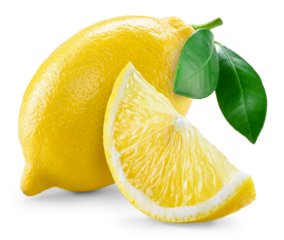 Lemon fruit with leaf isolated png. Lemons slice and a whole with leaves on transparent background. PNG format. Full depth of field.