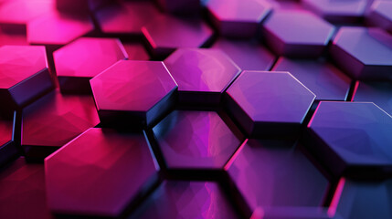 Close-up of a vibrant, futuristic hexagonal pattern in purple and pink lighting. Perfect for backgrounds, technology, and digital design concepts.
