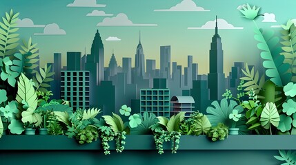 Minimalist Paper Cut Style of Urban Rooftop Garden with Cityscape
