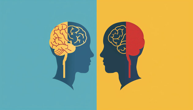 Silhouette heads showing brain differences on blue and yellow background, representing mental health and cognitive function.
