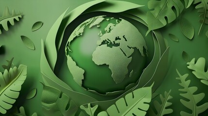 Minimalist Papercut Globe Wrapped in Green Leaf Symbolizing Environmental Sustainability