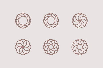 Design emblem with fibonacci spiral. Swirl circle element. Set of 6 geometric shape. Modern linear design element for logo and emblem.