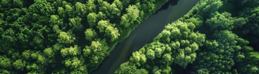 Naklejka premium Aerial view of lush green forest and winding river on a sunny day, showcasing spectacular natural beauty and serene landscape.