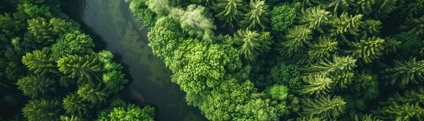 Fototapeta premium Aerial view of a lush green forest with a winding river cutting through the landscape, showcasing nature's beauty from above.