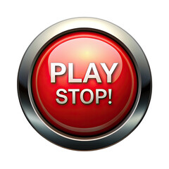 Fototapeta premium A red button with a silver border, labeled PLAY STOP!, for a video game. Generative AI