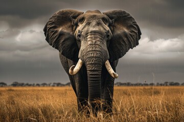 Naklejka premium Elephant in the African Savannah, Majestic Closeup in Natural Habitat