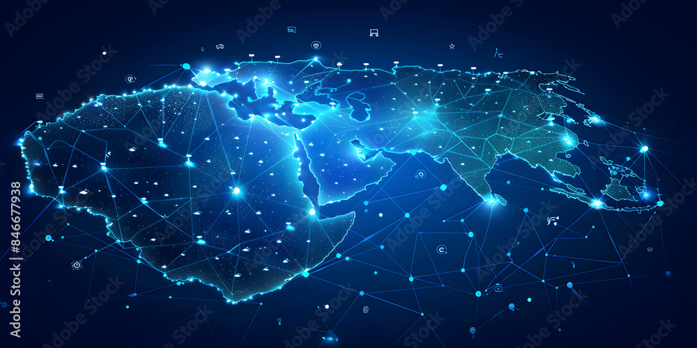 Wall mural earth globe, telecommunication and data transfer networks with global internet and artificial intell