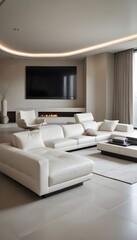 High end modern living room with white leather couch and a large flat screen tv mounted on the wall, brutalist architecture mixed with modern futuristic minimal design