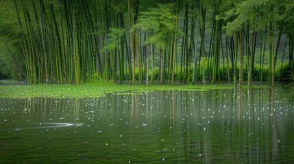 Obraz premium Peaceful bamboo forest reflecting in the calm water, with lush greenery and tranquil atmosphere. Perfect for nature and Zen themes.