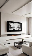 High end modern living room with white leather couch and a large flat screen tv mounted on the wall, brutalist architecture mixed with modern futuristic minimal design