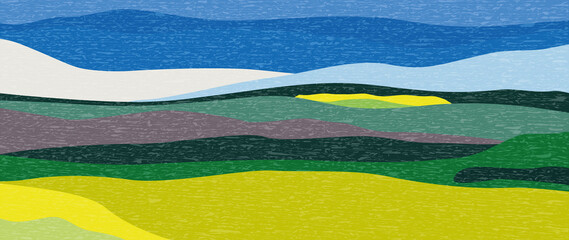 Flat illustration. Abstract spring landscape. Colorful sky, field, grass, green hills, horizon. Flat design. The concept of nature, tourism, travel. Suitable for backgrounds, textile design...