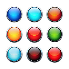 A set of nine round, colorful buttons with a shiny metallic border. Each button has a different color, creating a visually appealing collection for a website or app. Generative AI