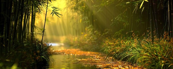 Enchanting bamboo forest with a serene stream and sunlight filtering through, creating a tranquil and picturesque natural scene.