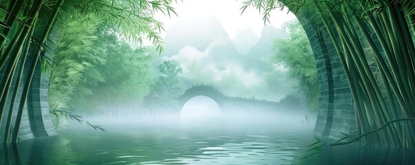 Serene landscape featuring a misty river scene with a bridge and lush bamboo forest, perfect for nature and tranquility themed projects.