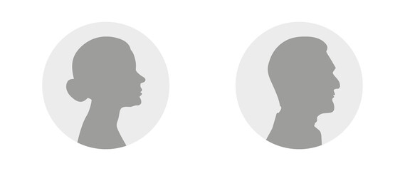 Flat illustration. Gray profile of an elderly woman and man on a white background. Suitable for social media profiles, icons, screensavers and as a template..
