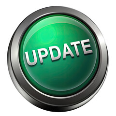 A 3D illustration of a green button with a silver bezel, isolated on a white background. The button features the word UPDATE in white, indicating a digital action or process. Generative AI