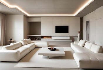 High end modern living room with white leather couch and a large flat screen tv mounted on the wall, brutalist architecture mixed with modern futuristic minimal design