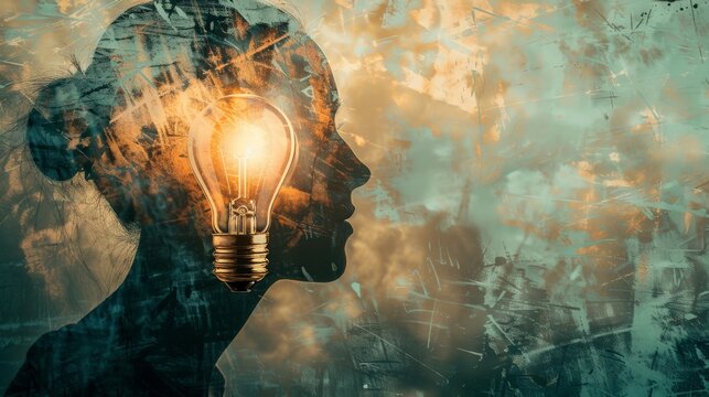 Double exposure image of a person head with a light bulb inside representing the moment of inspiration and thinking outside the box