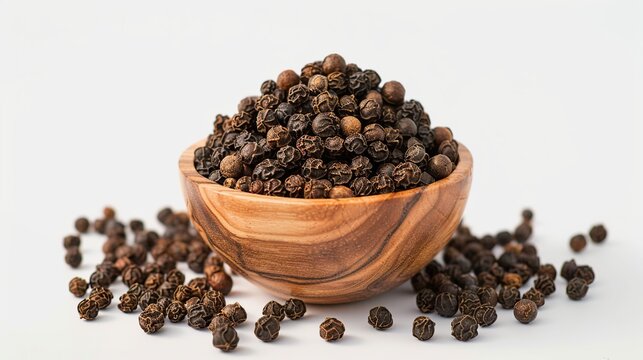 heap of pippali long pepper in wooden cup isolated on white background. Generative Ai