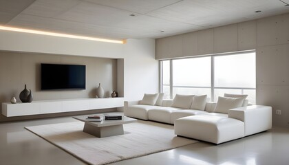 High end modern living room with white leather couch and a large flat screen tv mounted on the wall, brutalist architecture mixed with modern futuristic minimal design