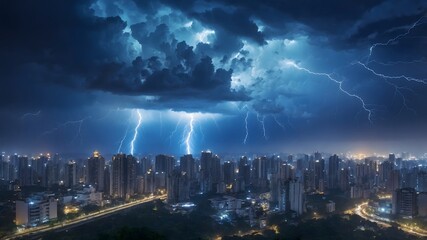 Fototapeta premium Lightning above the aerial view of city night in rainy season.