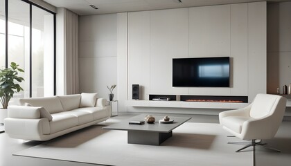High end modern living room with white leather couch and a large flat screen tv mounted on the wall, brutalist architecture mixed with modern futuristic minimal design
