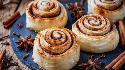 Fototapeta premium Homemade baking, Cinnamon rolls with sugar frosting. With cinnamon sticks and spices. Generative Ai